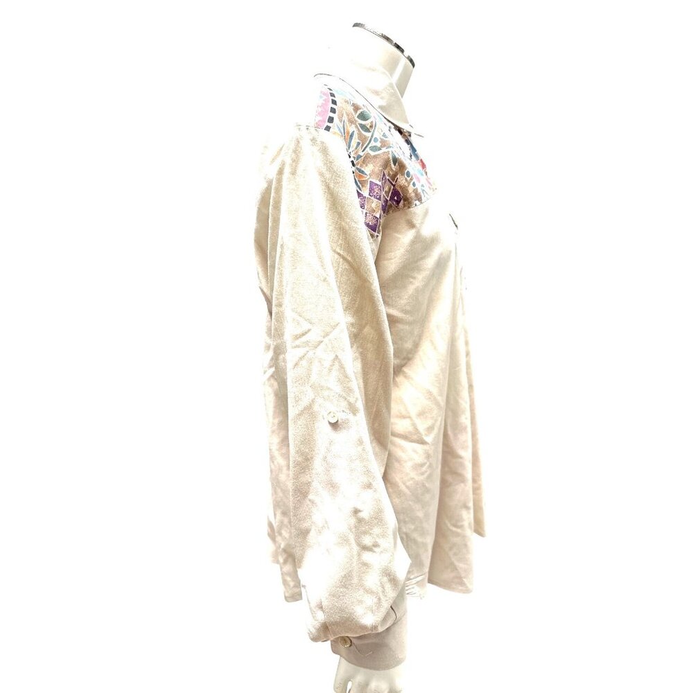 Tapestry Medium Ivory Tan Satin Look Mosaic Yoke Lace Pocket Button Front Blouse - Picture 5 of 10
